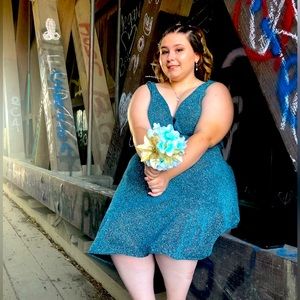 Beautiful Teal Glitter Homecoming Dress.